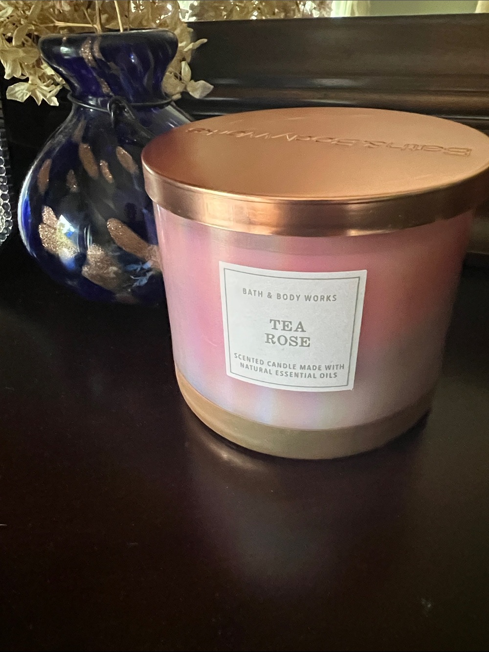 Bath & Body Works Tea Rose 3-Wick Candle - Rose Pink with Metallic Rose Gold Lid